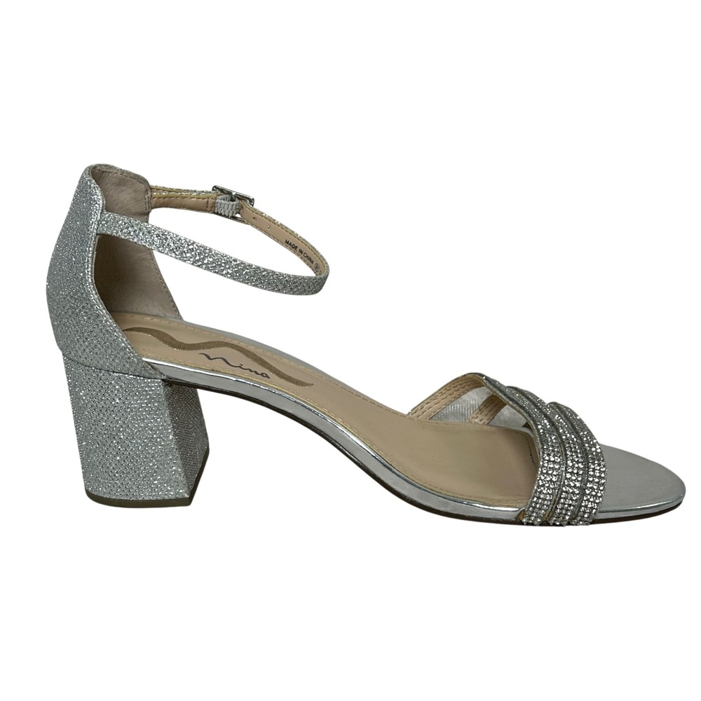 Nina Silver Glitter‎ Rhinestone Block Heel Ankle Strap Sandals Women 8.5W - Picture 2 of 8